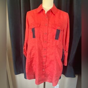 Coral Button-Up Refashioned Upcycled Shirt with Navy Accents